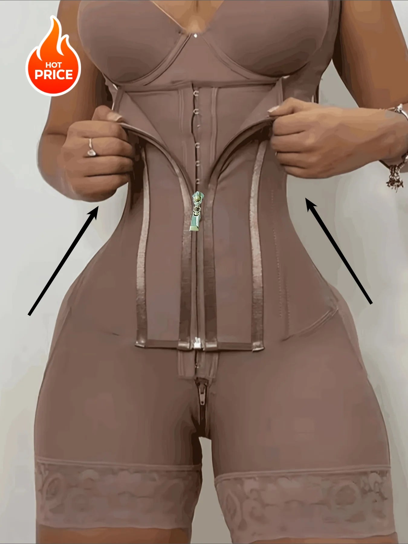 Body shaper with abdominal control, adjustable straps, and zipper.