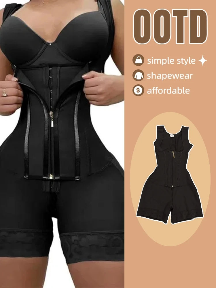 Body shaper with abdominal control, adjustable straps, and zipper.