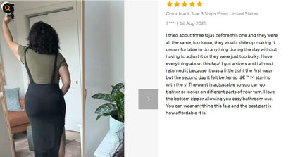 Body shaper with abdominal control, adjustable straps, and zipper.