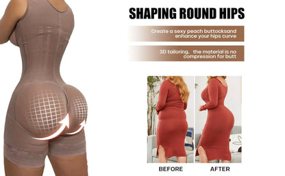 Body shaper with abdominal control, adjustable straps, and zipper.