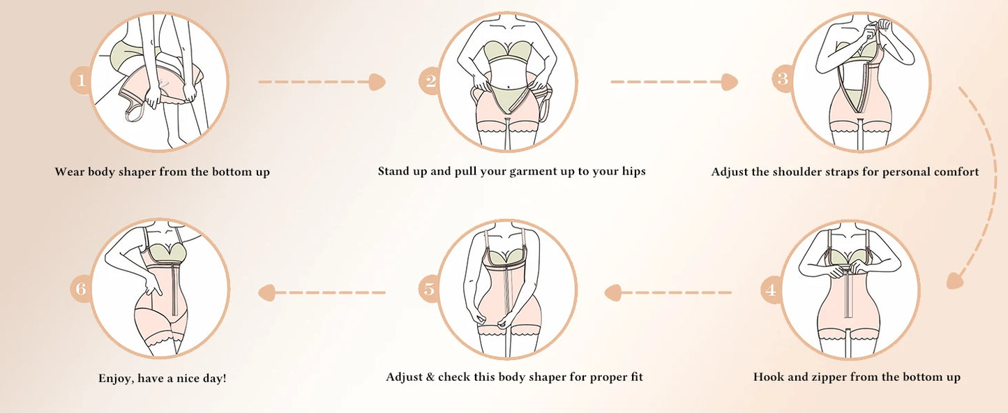 Body shaper with abdominal control, adjustable straps, and zipper.