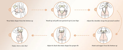 Body shaper with abdominal control, adjustable straps, and zipper.