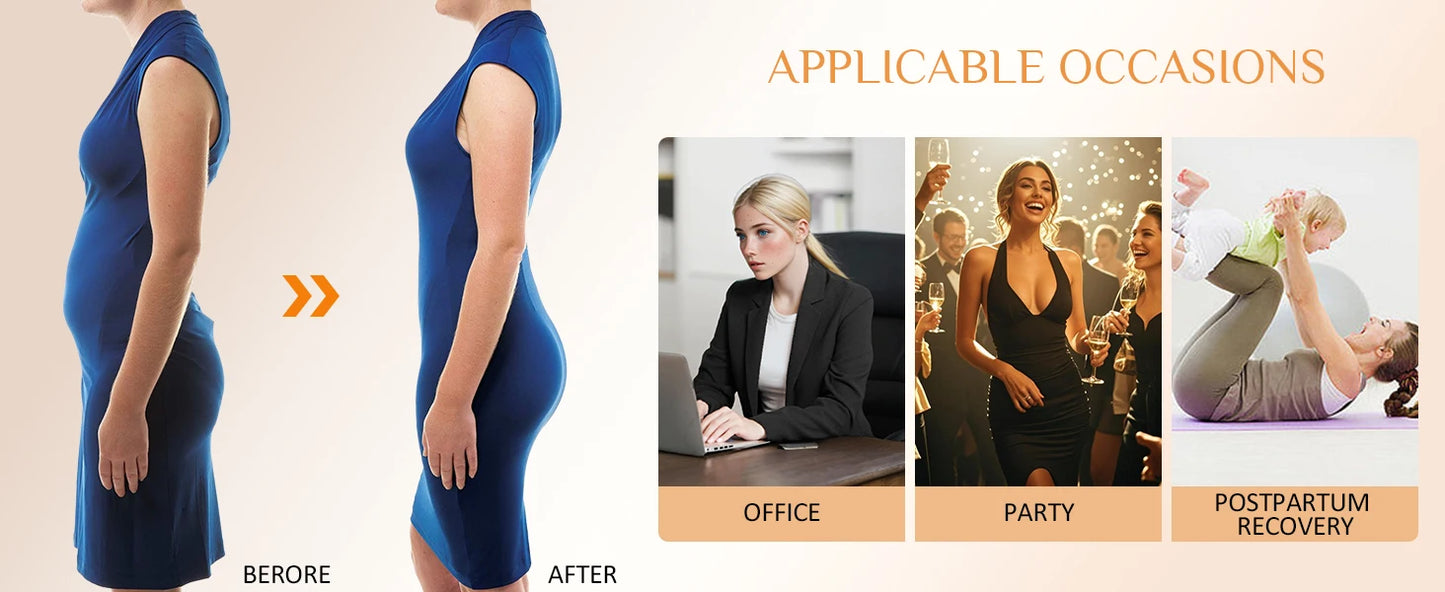 Body shaper with abdominal control, adjustable straps, and zipper.